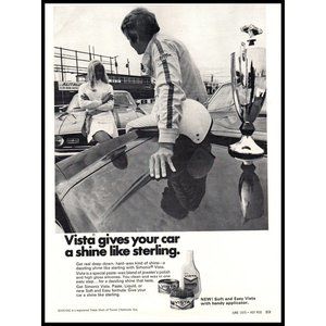 1970 Simoniz Vista Car Wax Vintage Print Ad Sterling Moss Race Track Blonde Art